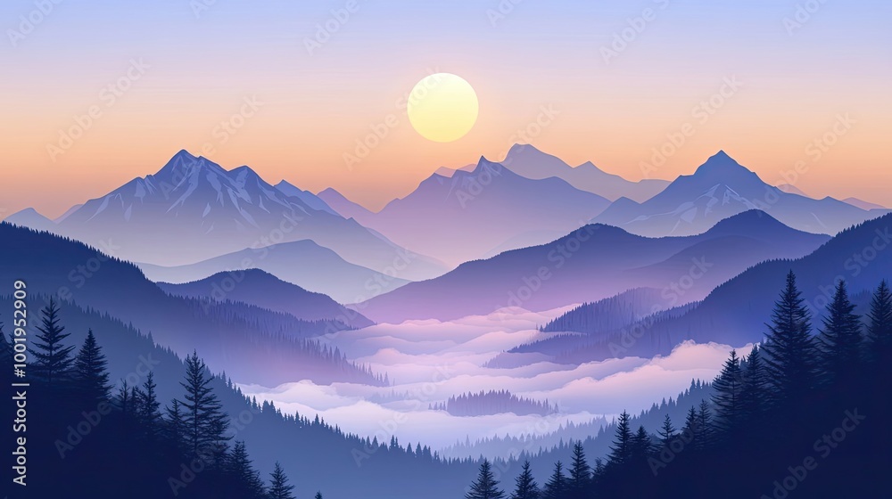 Sunlit Mountain Range with Misty Valley and Pine Forest Sunlit Mountain Range with Misty Valley and Pine Forest