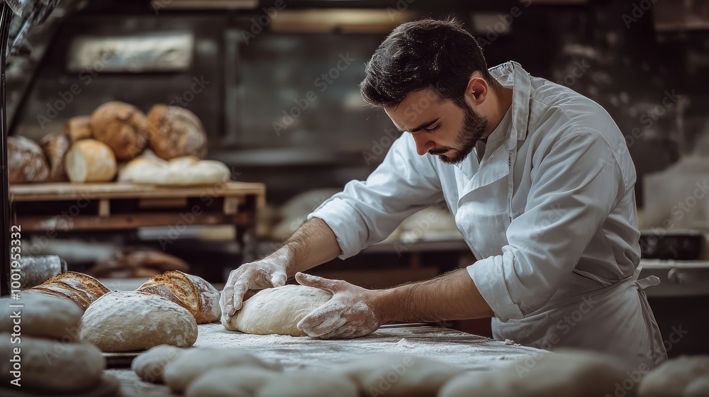 A baker shapes a loaf of bread in a bakery, with other loaves of bread in the background. A baker shapes a loaf of bread in a bakery, with other loaves of bread in the background.
