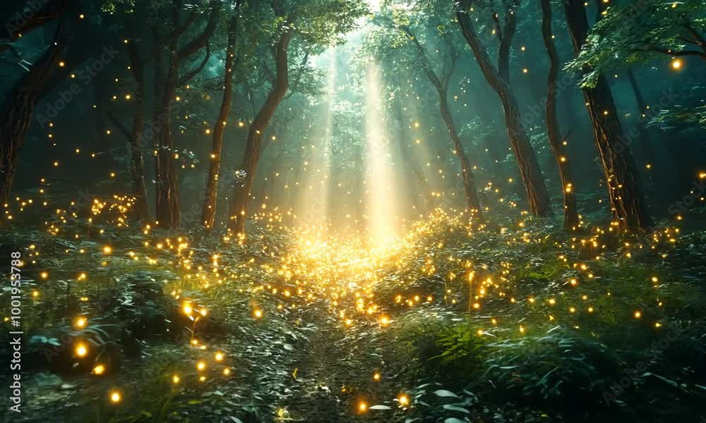 Enchanted forest illuminated by golden light and fireflies.