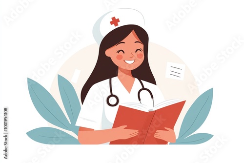 Smiling nurse reading a book with stethoscope and nurse cap, surrounded by leaves and medical icons.
