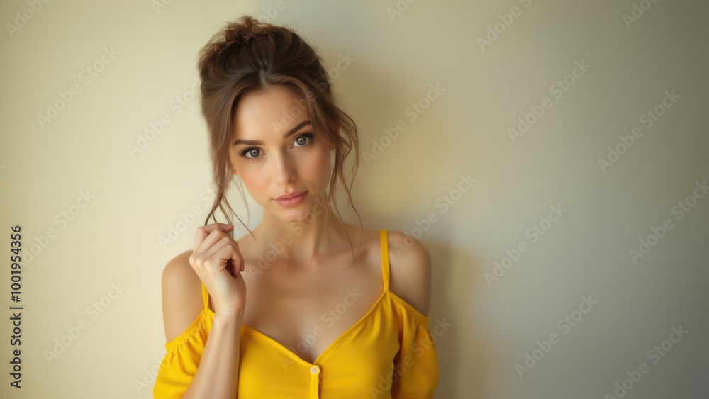 Studiio portrait of a young beautiful female model with tendrils of brown hair framing her face. She is wearing a a yellow dress and is isolated againsts a light yellow background.  Copy space.