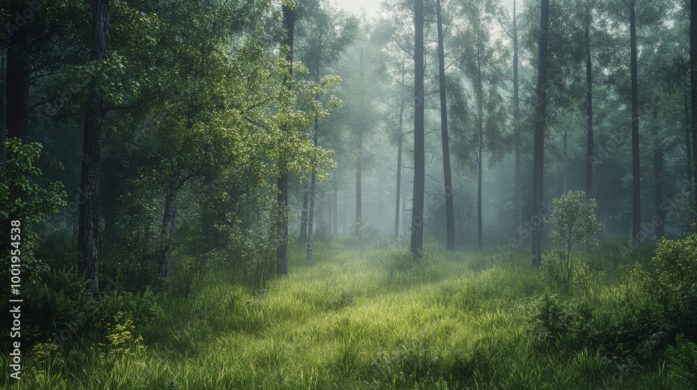 Obraz premium A misty forest scene in the early morning, with soft light gently breaking through the thick canopy