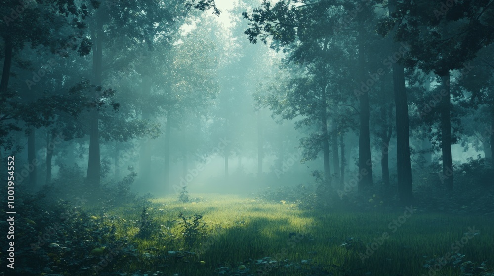 A misty forest scene in the early morning, with diffused light gently filtering through the thick canopy