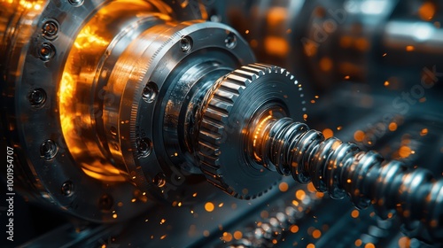 Close-up view of a metallic gear and shaft illuminated by sparks in an industrial workshop setting during evening hours