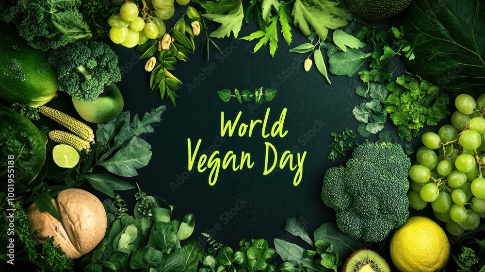 World Vegan Day features lush greens, fruits, and plant-based foods arranged creatively World Vegan Day features lush greens, fruits, and plant-based foods arranged creatively
