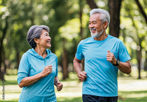 happy senior couple jogging taking a walk in the park scene healthy content