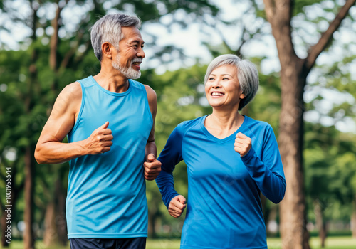 happy senior couple jogging taking a walk in the park scene healthy content
