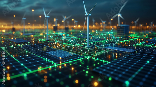 Renewable energy landscape with solar panels and wind turbines connected by digital grid.