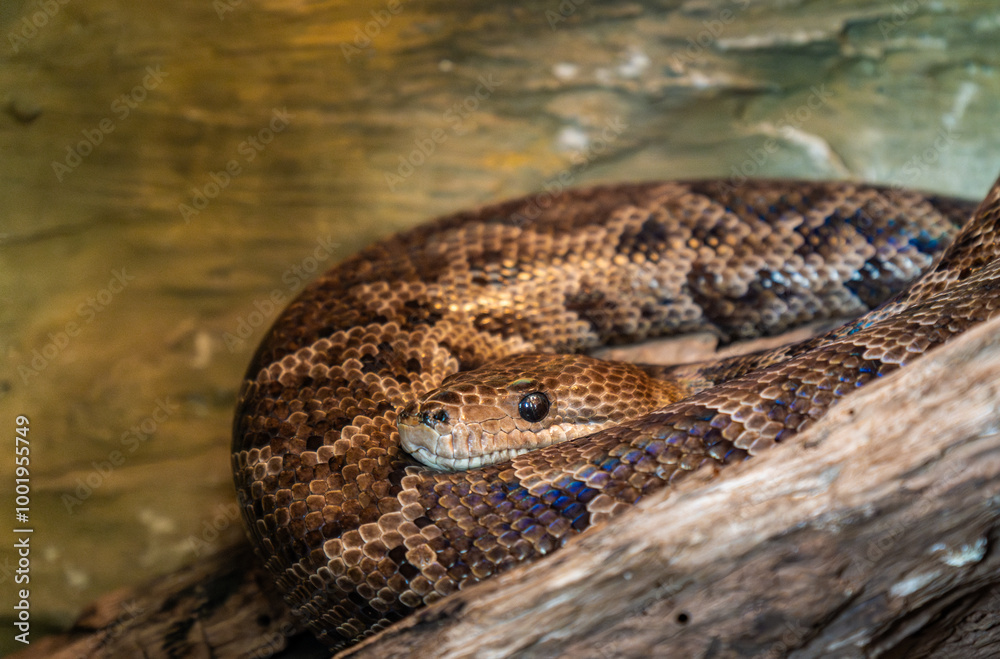 A brown snake resting on a textured log in a natural setting under warm lighting during the day A brown snake resting on a textured log in a natural setting under warm lighting during the day