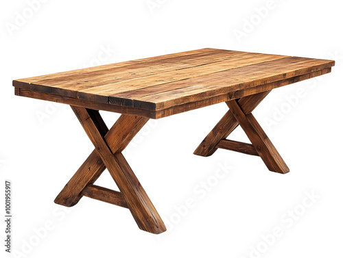 A rustic wooden table with a sturdy design, perfect for dining or as a centerpiece in home decor.