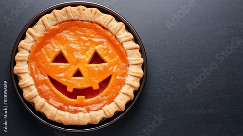 Halloween Pumpkin Pie with a Smiling Face Design photo