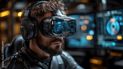 Person wearing advanced virtual reality headset while engaged in immersive gaming experience at a futuristic gaming setup