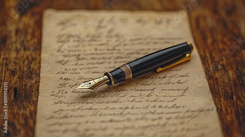 A Gold-Trimmed Fountain Pen Resting on a Handwritten Letter photo