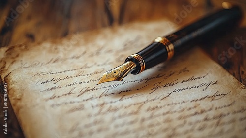 Gold Fountain Pen Resting on an Old Handwritten Letter