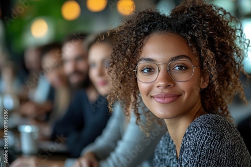 Young woman with curly hair and glasses smiling at a meeting in a modern office during a business presentation