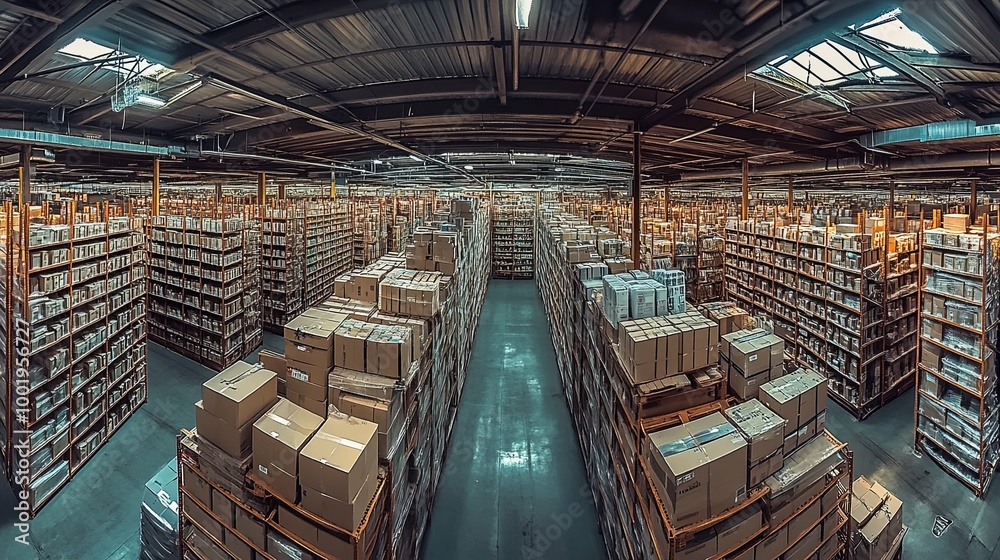 A vast warehouse with shelves stacked high with boxes. A vast warehouse with shelves stacked high with boxes.