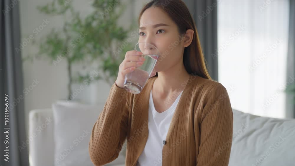 Young Asian woman smiling while sitting on sofa happy expression, hand holding water glass and drinking water Young Asian woman smiling while sitting on sofa happy expression, hand holding water glass and drinking water