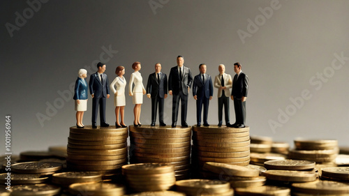 illustrations of financial success, wealth gaps, corporate hierarchies, or investment growth.