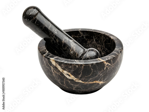 Black marble mortar and pestle on a white isolated background, perfect for grinding spices and herbs. photo