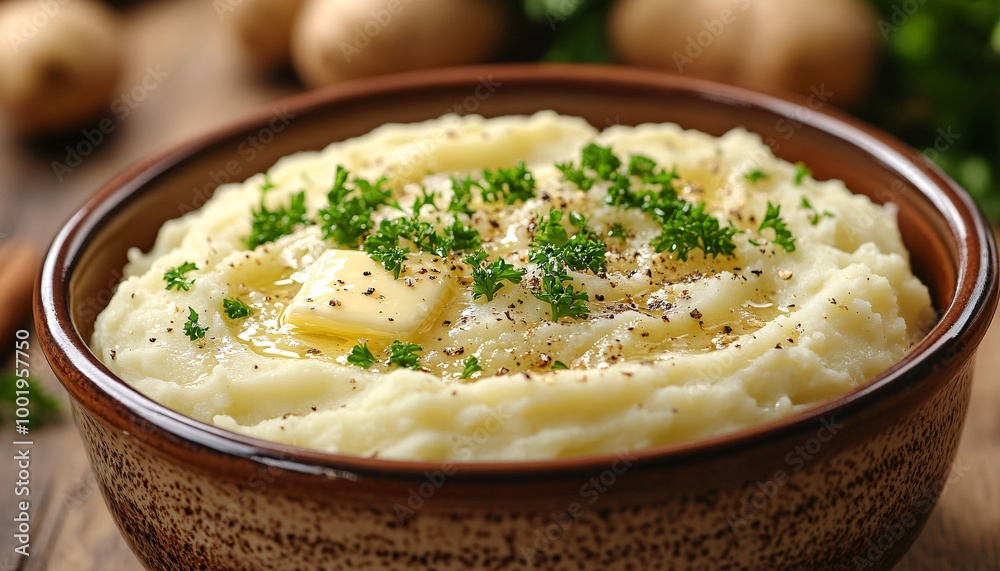 Close-up of mashed potatoes with melted butter and parsley, in a ceramic bowl, soft focus background, home kitchen setting. Close-up of mashed potatoes with melted butter and parsley, in a ceramic bowl, soft focus background, home kitchen setting.