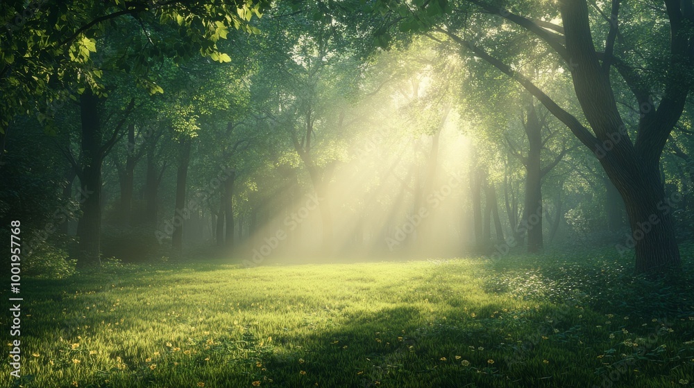 Early morning mist in a forest, with diffused light creating a gentle glow Early morning mist in a forest, with diffused light creating a gentle glow