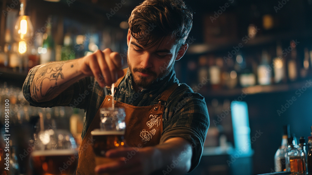 Bartender preparing a craft cocktail with precision on National Bartender Day in a cozy bar