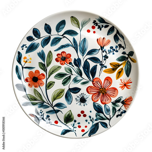 Decorative plate with vibrant floral design, featuring colorful flowers and leaves, white background. photo