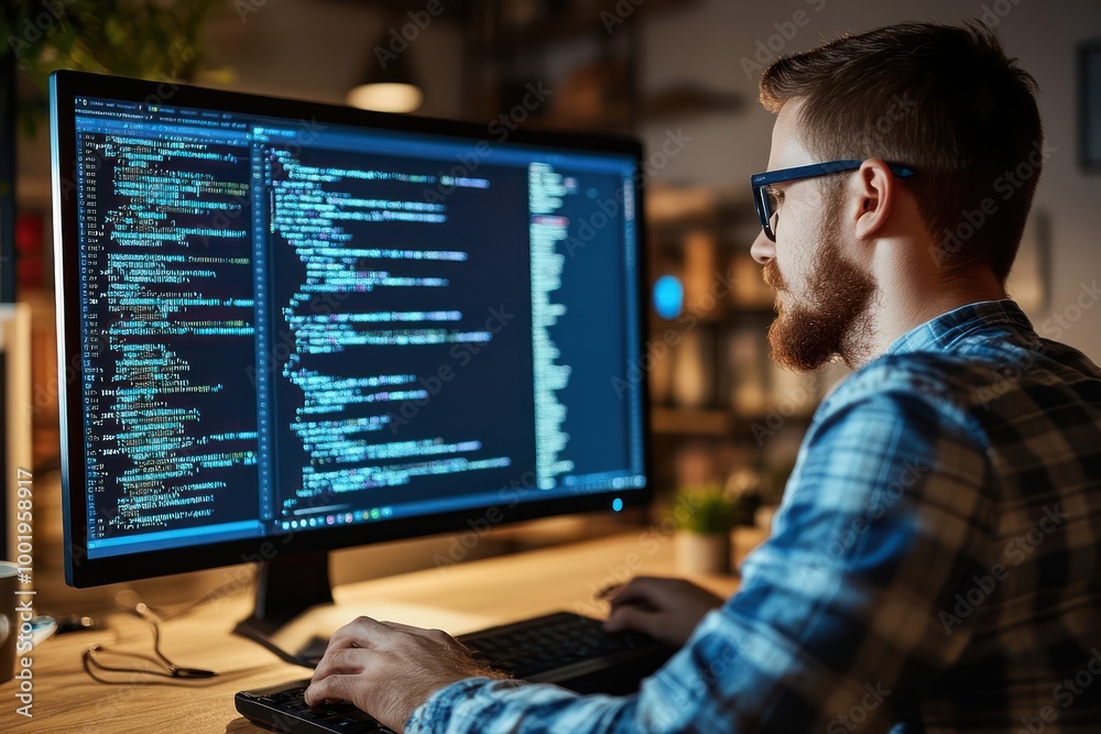 A bearded man in a plaid shirt sits at his desk, looking intently at the computer screen with code on it. A bearded man in a plaid shirt sits at his desk, looking intently at the computer screen with code on it.