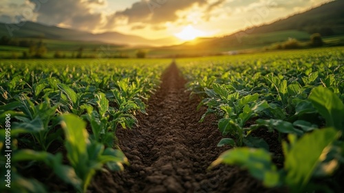 Sunset Over Verdant Farm Fields in Rolling Landscape