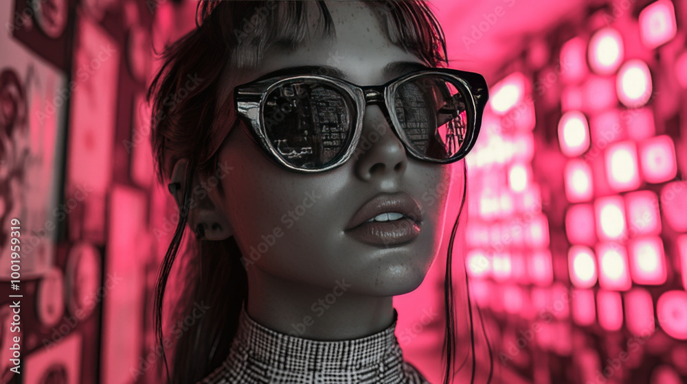 Young woman wearing sunglasses in a neon-lit room. Young woman wearing sunglasses in a neon-lit room.