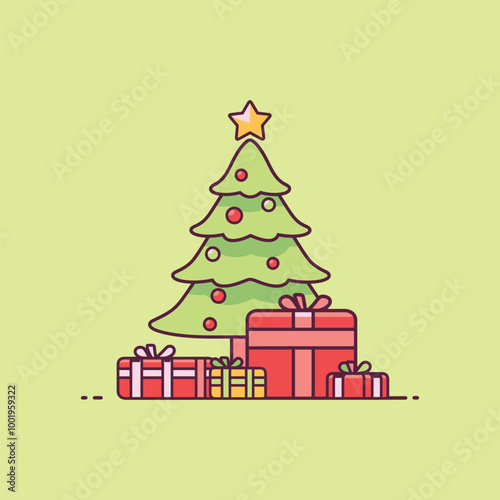 A cartoon-style Christmas tree with wrapped gifts at the base, ideal for holiday designs and festive illustrations