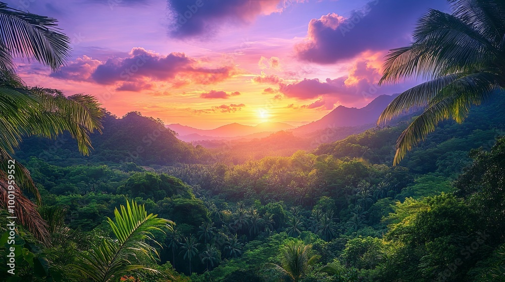 Sunset over Lush Tropical Mountains with Palm Trees Sunset over Lush Tropical Mountains with Palm Trees