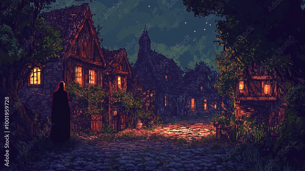 A lone figure walks through a dimly lit medieval town street at night.