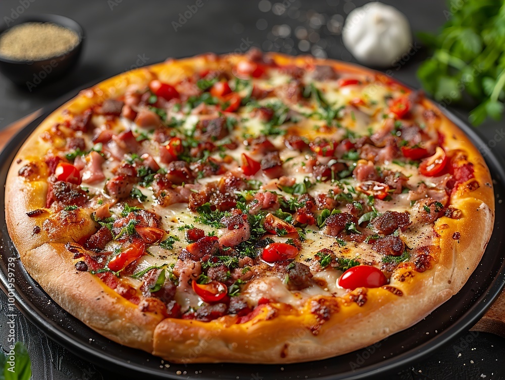 Delicious Pizza with Ham, Bacon, and Tomatoes Delicious Pizza with Ham, Bacon, and Tomatoes