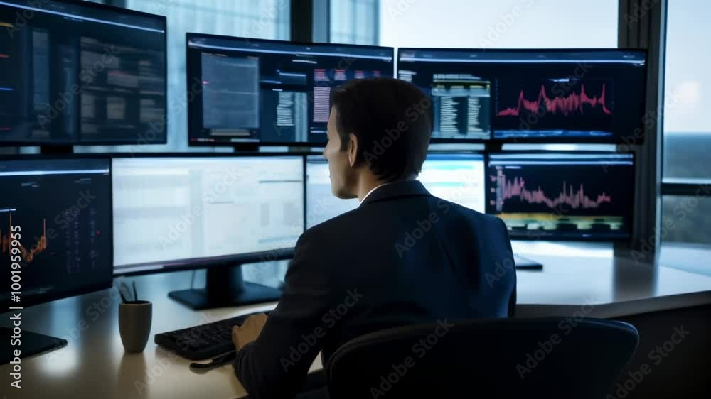 Stock market broker in a suit is working at his desk analyzing data on multiple computer screens with graphs and charts Stock market broker in a suit is working at his desk analyzing data on multiple computer screens with graphs and charts