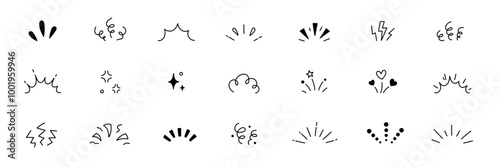 Line confetti exclamation icon elements. Hand drawn confetti explosion burst ray shine line icon illustration. Spark exclamation emphasis ray twinkle starburst decoration. Vector illustration.