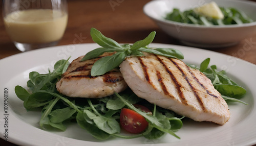 grilled chicken paillard with arugula salad on a plate photo