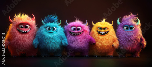 fluffy, furry monsters standing next to each other, all in different colors and shapes, smiling at the camera, against a black background