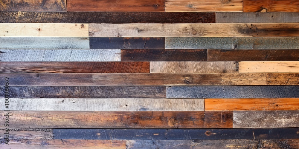 A wooden wall with many different colored boards. The wall is made of wood and has a rustic feel. A wooden wall with many different colored boards. The wall is made of wood and has a rustic feel.