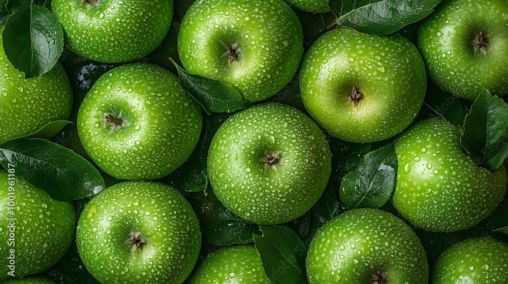 Close-up of Green Apples with Dew Drops and Leaves Close-up of Green Apples with Dew Drops and Leaves
