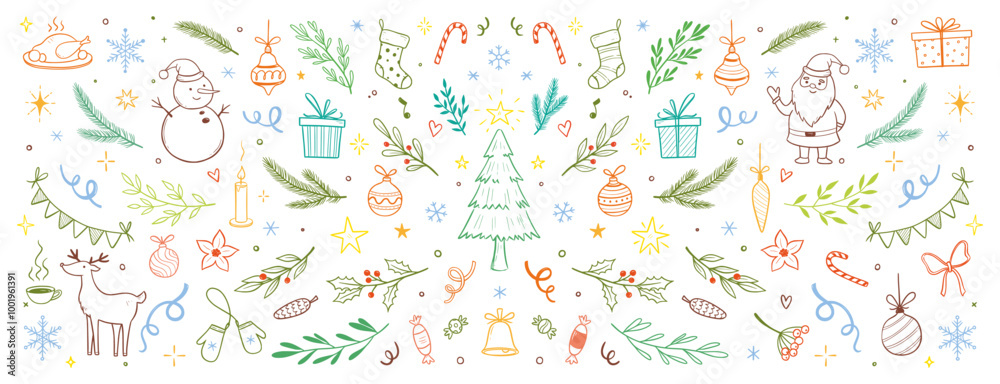 Christmas drawn xmas tree, leaf, holly flower background. Hand drawn doodle sketch holly floral, christmas tree leaves, winter pine. Holiday ornament, rustic wreath sketch doodle. Vector illustration Christmas drawn xmas tree, leaf, holly flower background. Hand drawn doodle sketch holly floral, christmas tree leaves, winter pine. Holiday ornament, rustic wreath sketch doodle. Vector illustration