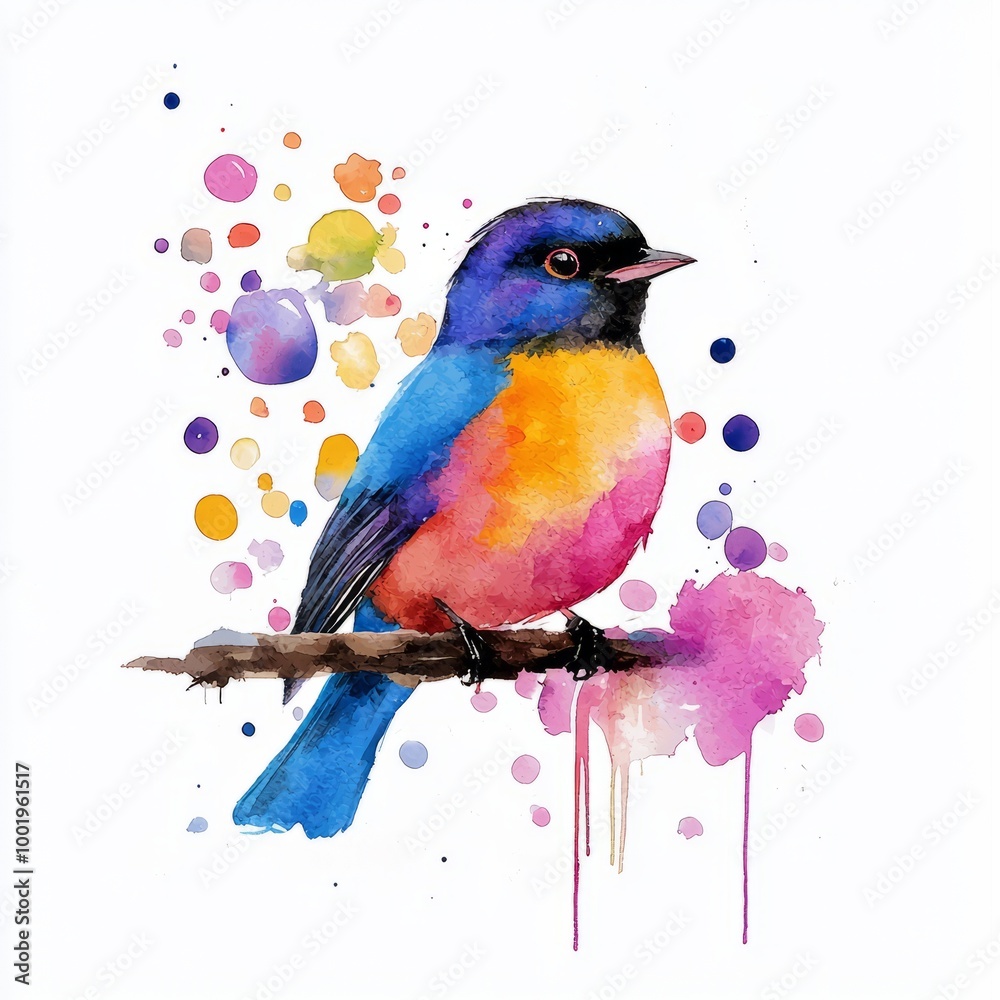 Watercolor painting of a bird perched on a branch surrounded by bubbles, on isolated white background Watercolor painting of a bird perched on a branch surrounded by bubbles, on isolated white background