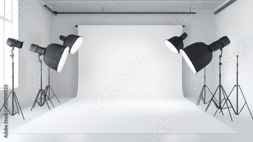 A photography studio with a seamless white cyclorama background, featuring professional lighting setup with softbox monoblocks.