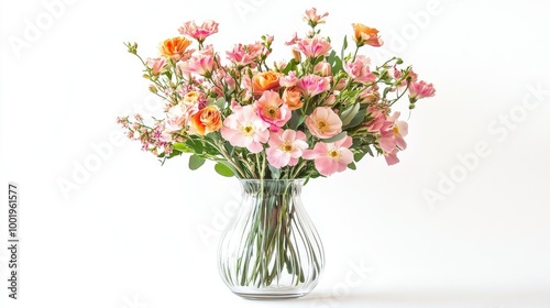Wallpaper Mural A beautiful arrangement of delicate pink and orange flowers in a clear glass vase on a white background. Torontodigital.ca