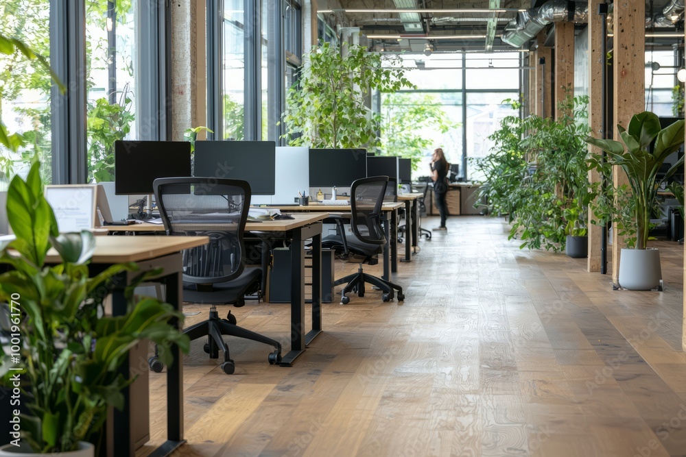 A spacious office with a mix of individual workstations and collaborative zones, employees engaging in discussions, Generative AI A spacious office with a mix of individual workstations and collaborative zones, employees engaging in discussions, Generative AI