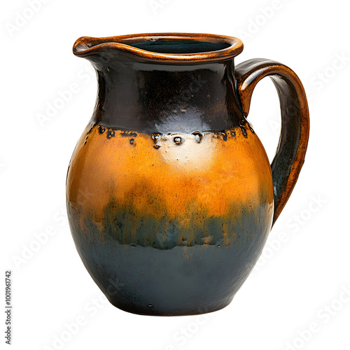 Handcrafted ceramic pitcher with rustic orange and black glaze, perfect for home decor or serving beverages. photo