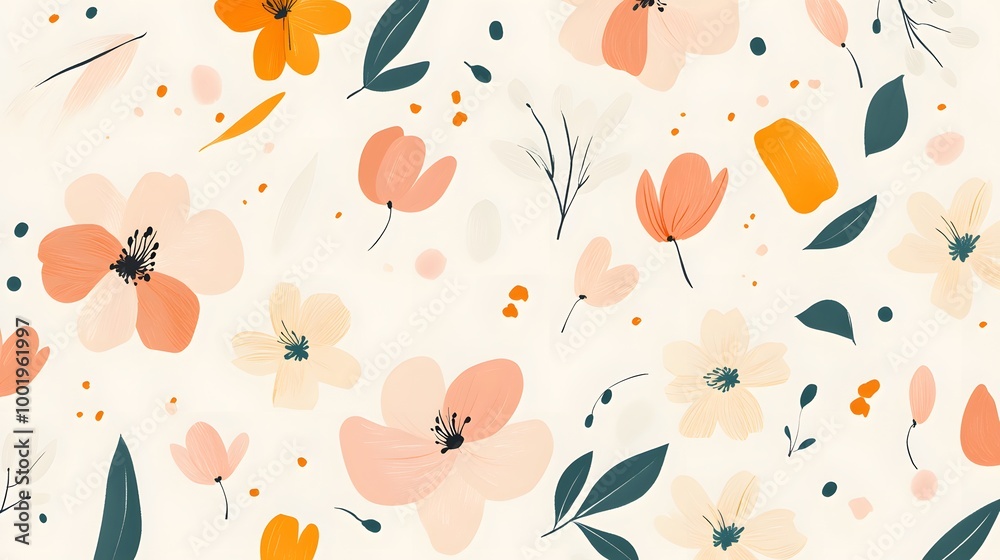 Whimsical Floral Pattern: Delicate peach and orange blossoms dance across a soft cream canvas, creating a charming and inviting background for your designs. Whimsical Floral Pattern: Delicate peach and orange blossoms dance across a soft cream canvas, creating a charming and inviting background for your designs.