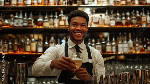 Celebrating National Bartender Day with a mixologist serving cocktails at a bustling bar