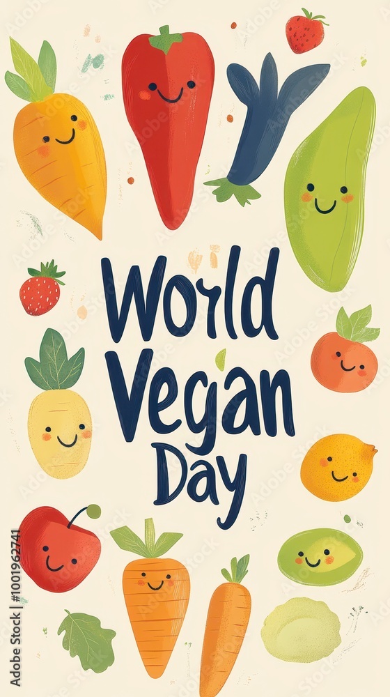 Fototapeta premium Smiling cartoon fruits and veggies surround the phrase World Vegan Day for a joyful vibe