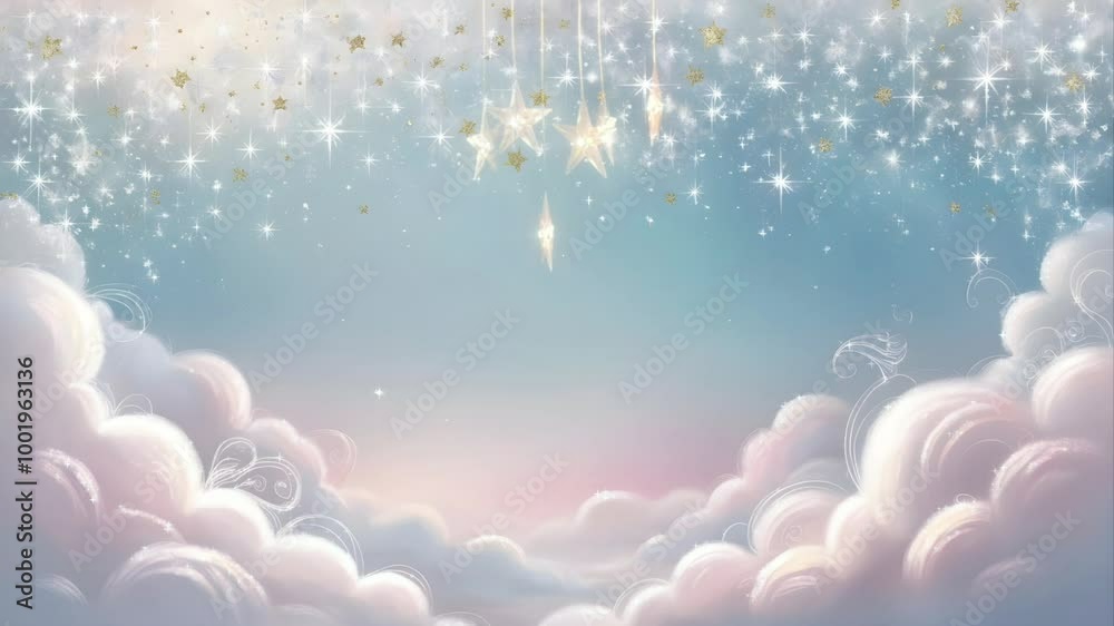White clouds with twinkling stars. Seamless 4K looping timelapse video animation background White clouds with twinkling stars. Seamless 4K looping timelapse video animation background